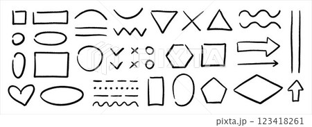 Black chalk hand drawn shapes and frames set. Scribbled charcoal element collection. Pencil sketch sign and symbols for diagram and plan. Rough arrows, ovals, squares, rectangles, squiggles. Vector Black chalk hand drawn shapes and frames set. Scribbled charcoal element collection. Pencil sketch sign and symbols for diagram and plan. Rough arrows, ovals, squares, rectangles, squiggles. Vector 123418261