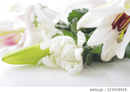 葬儀に献花する菊とユリの生花 123418428