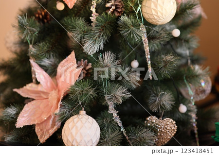 Elegant Holiday Decor Beautifully crafted and arranged ornaments adorning a Christmas Tree 123418451