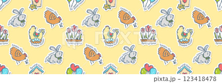 Easter colorful doodle icons stickers with quotes seamless pattern, hand-drawn spring hunt theme background, cute symbols, elements and lettering collection. Easter colorful doodle icons stickers with quotes seamless pattern, hand-drawn spring hunt theme background, cute symbols, elements and lettering collection. 123418478