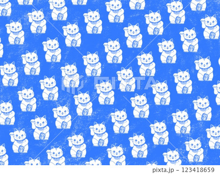 青色をバックに沢山の可愛い招き猫模様の背景素材イラスト! 青色をバックに沢山の可愛い招き猫模様の背景素材イラスト! 123418659