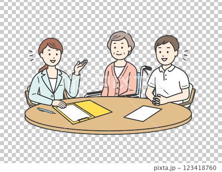 Illustration of an elderly woman and a male caregiver receiving an explanation from a care manager 123418760