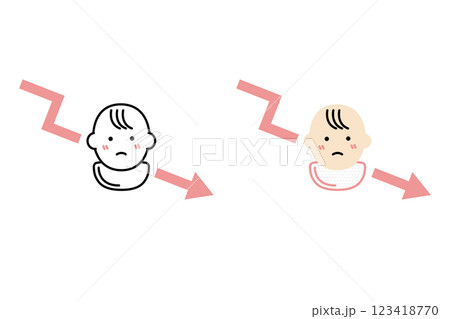 赤ちゃんの顔と右肩下がりの矢印のイラスト―出生数の低下イメージ 赤ちゃんの顔と右肩下がりの矢印のイラスト―出生数の低下イメージ 123418770