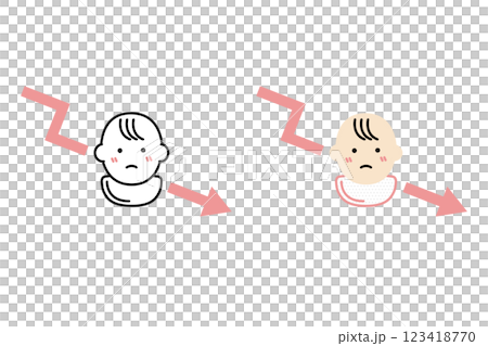赤ちゃんの顔と右肩下がりの矢印のイラスト―出生数の低下イメージ 赤ちゃんの顔と右肩下がりの矢印のイラスト―出生数の低下イメージ 123418770