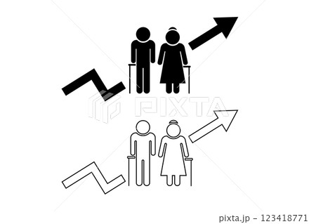 高齢夫婦のアイコンと右肩上がりの矢印のイラスト―高齢者数の増加イメージ 高齢夫婦のアイコンと右肩上がりの矢印のイラスト―高齢者数の増加イメージ 123418771