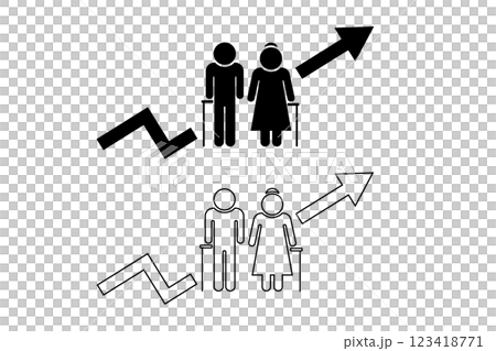 高齢夫婦のアイコンと右肩上がりの矢印のイラスト―高齢者数の増加イメージ 高齢夫婦のアイコンと右肩上がりの矢印のイラスト―高齢者数の増加イメージ 123418771
