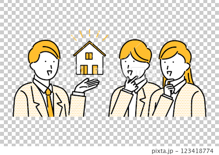 家づくり相談会のイメージイラスト―住宅を提示するビジネスマンと若い夫婦 123418774