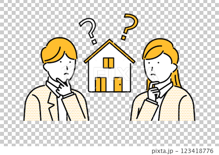Illustration of a young couple having doubts about building a house 123418776