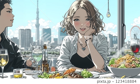 ちょっと高級なレストランで顧客とパワーランチをしているビジネスウーマン