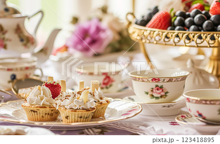 Elegant table setting for tea party with cakes and cupcakes in English manor. Selective focus. Vintage style 123418895