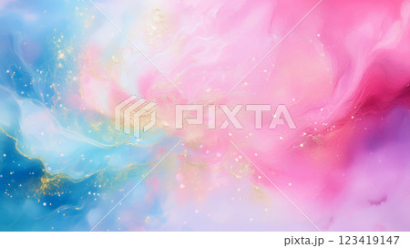 ピンク系とブルー系のマーブル模様に金粉を散りばめた背景　AI生成画像 (Adobe Firefly) 123419147