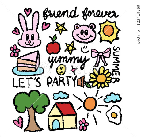 Hand drawn crayon illustrations of bunny, bear, sun, ribbon, sunflower, tree, cake, apple, home, cloud, fried egg, star, heart for animal cartoon, character, zoo, spring and summer, picnic, cute patch 123419269