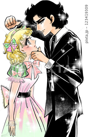昭和少女漫画の恋する若い男女の顎ぐい、壁ドンのお決まりラブラブシーン 123419309