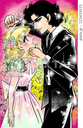 昭和少女漫画の恋する若い男女の顎ぐい、壁ドンのお決まりラブラブシーンとバラ背景 昭和少女漫画の恋する若い男女の顎ぐい、壁ドンのお決まりラブラブシーンとバラ背景 123419315