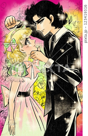 昭和少女漫画の恋する若い男女の顎ぐい、壁ドンのお決まりラブラブシーンとバラ背景 123419316