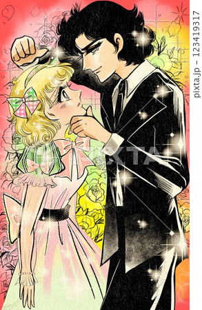 昭和少女漫画の恋する若い男女の顎ぐい、壁ドンのお決まりラブラブシーンとバラ背景 123419317