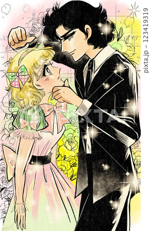 昭和少女漫画の恋する若い男女の顎ぐい、壁ドンのお決まりラブラブシーンとバラ背景 123419319