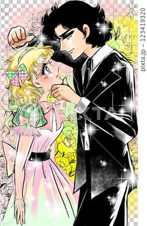 A lovey-dovey scene of a young couple in Showa era girls' manga with a chin grab and a wall pounding, a background of roses 123419320