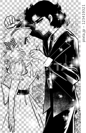 A lovey-dovey scene of a young couple in Showa era girls' manga with a chin grab and a wall pounding, a background of roses 123419321
