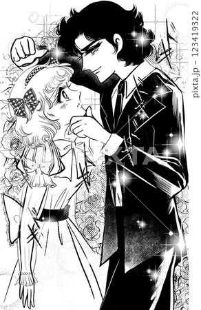 昭和少女漫画の恋する若い男女の顎ぐい、壁ドンのお決まりラブラブシーンと薔薇背景 123419322