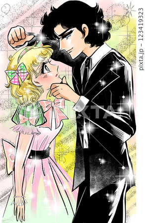 昭和少女漫画の恋する若い男女の顎ぐい、壁ドンのお決まりラブラブシーン 123419323