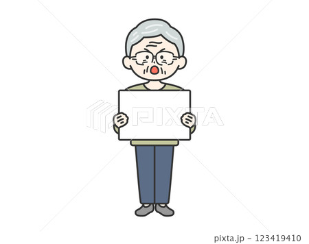 プラカードを持って、デモをおこなう年配男性（線画）のイラスト 123419410