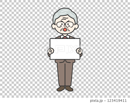Illustration of an elderly businessman (line drawing) holding a placard and demonstrating Illustration of an elderly businessman (line drawing) holding a placard and demonstrating 123419411