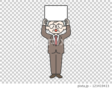 Illustration of an elderly businessman (line drawing) holding a placard and demonstrating Illustration of an elderly businessman (line drawing) holding a placard and demonstrating 123419413