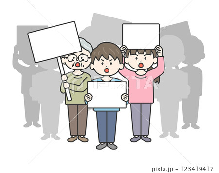 プラカードを持って、抗議デモをおこなう人達（線画）のイラスト 123419417