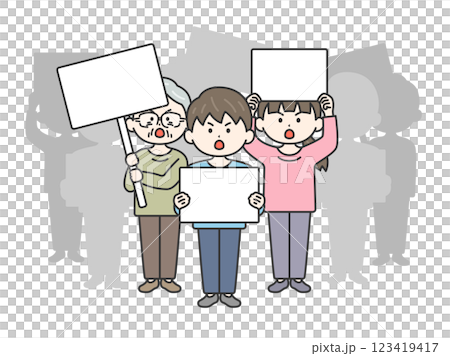 プラカードを持って、抗議デモをおこなう人達（線画）のイラスト 123419417