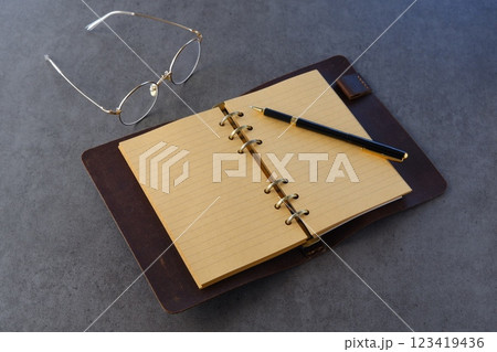 リング式のシステム手帳を開いて、日記をつけているイメージ 123419436