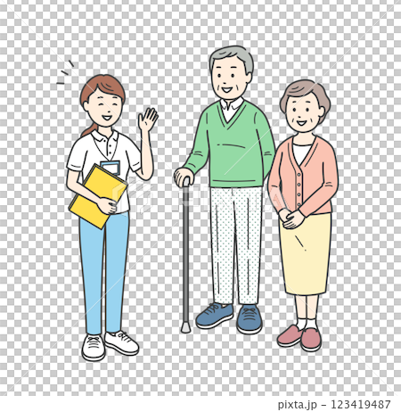 ケアマネージャーから説明を受ける高齢者男女夫婦イラスト 123419487
