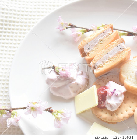 桜の花と春の桜スイーツ ホワイトチョコレート 桜の花と春の桜スイーツ ホワイトチョコレート 123419631