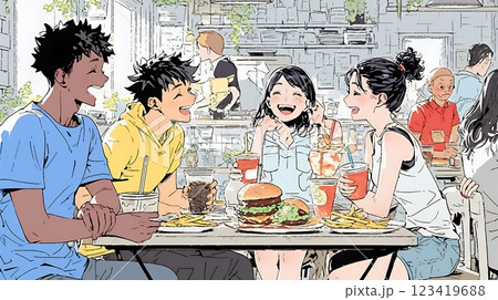 親しい仲間とファーストフード店で食事をしている若者たち