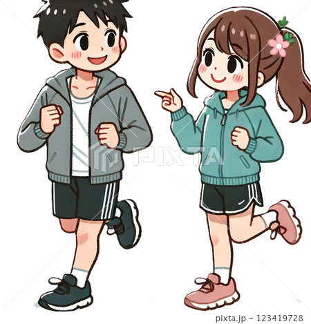 ランニングを楽しむ男女のカップルのシンプルでかわいいイラスト（背景なし） 123419728