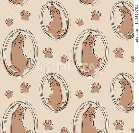 Pattern with brown cats and paws. Cute children's illustrations. It can be used to decorate wrapping paper, cards, notepads, notebooks, albums, etc. 123419793