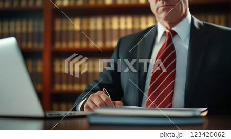 Professional lawyer reviewing case files with laptop and legal books in office 123420062