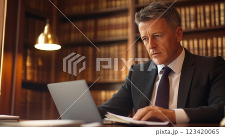 Experienced lawyer working at desk with laptop and legal books in a professional office 123420065