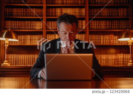 Lawyer working with laptop surrounded by legal books in a warmly lit office 123420068