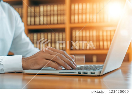 Lawyer typing on laptop with sunlight and legal books in the background 123420069