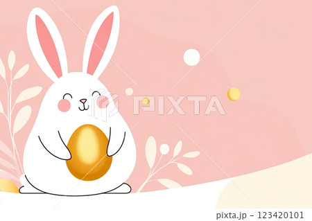 Cute rabbit with golden egg and pastel background creating a cheerful spring atmosphere suitable for holiday celebrations Cute rabbit with golden egg and pastel background creating a cheerful spring atmosphere suitable for holiday celebrations 123420101