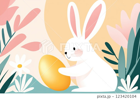 Cute bunny with golden egg amidst pastel flowers in a spring garden setting Cute bunny with golden egg amidst pastel flowers in a spring garden setting 123420104