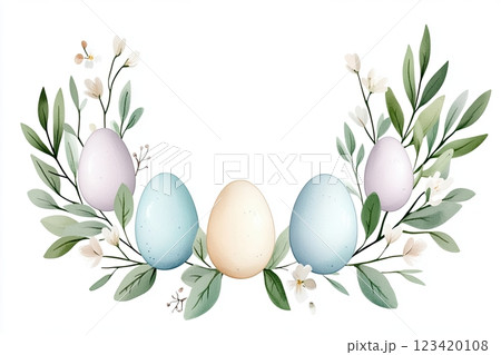 Elegant circular wreath of pastel-colored Easter eggs surrounded by fresh greenery and small blossoms for springtime celebrations 123420108
