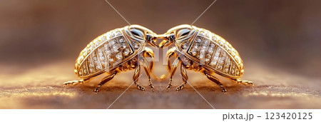A symmetrical pair of golden insects embellished with sparkling details captured in intricate macro photography 123420125
