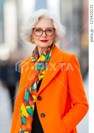 Fashionable grandma in an orange coat and colorful scarf enjoying a day out in a bustling city setting 123420135
