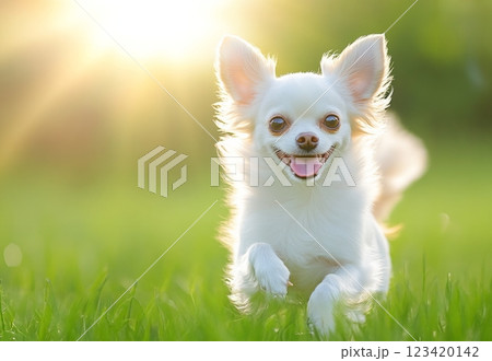A cheerful Chihuahua runs joyfully through lush green grass under the warm sunlight during a vibrant afternoon A cheerful Chihuahua runs joyfully through lush green grass under the warm sunlight during a vibrant afternoon 123420142