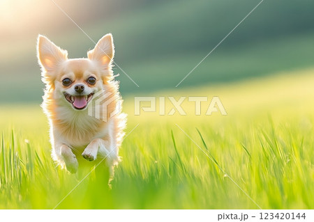 A joyful Chihuahua running freely in a sunlit green field during a serene afternoon 123420144