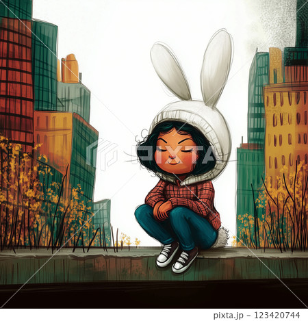 A black teenage girl, wearing a bunny hoodie with ears, sits on the pavement of a city street on a calm autumn day. The joyful teenager enjoys a peaceful moment alone outdoors, with a serene smile on 123420744