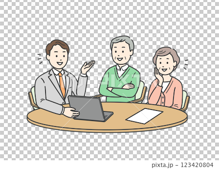 Illustration of an elderly couple receiving an explanation from a man in a suit holding a laptop 123420804