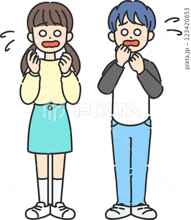 焦っている小学生男子と女子の線画イラスト 123420853
